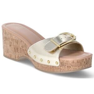 TIME And TRU Womens Gold Buckle Cork Wedge Platform Memory Foam Sandal Size 7.5